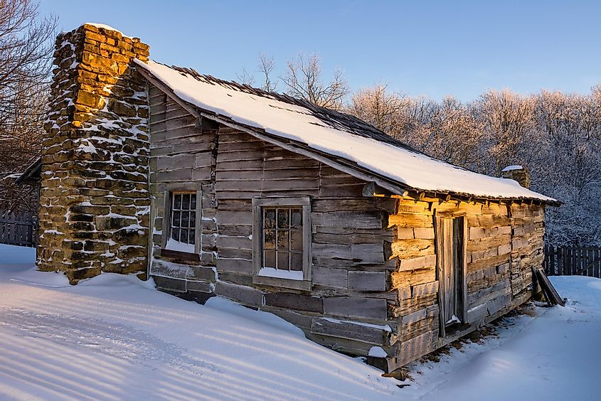 Fresh snow blankets the old Lige Gibbons Cabin in Cumberland Gap National Park.