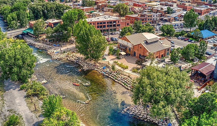 Salida, Colorado: a tourist town on the Arkansas river popular for white water rafting. Aerial view. 