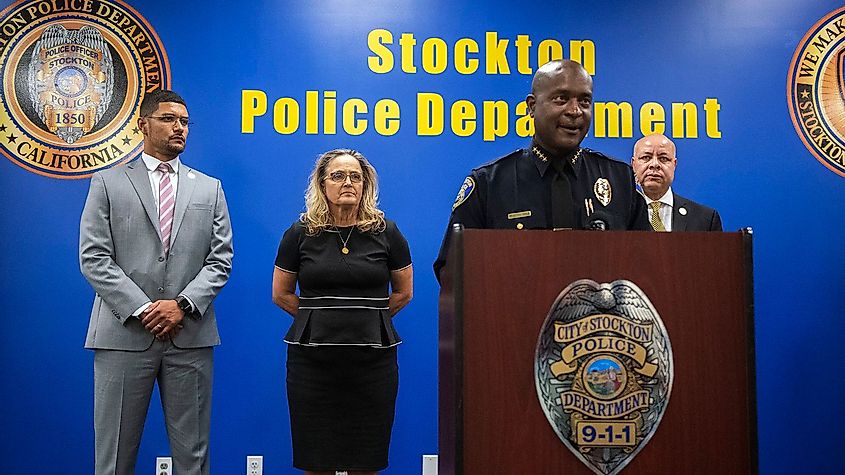 Stockton Police Chief Stanley McFadden speaks during a news conference