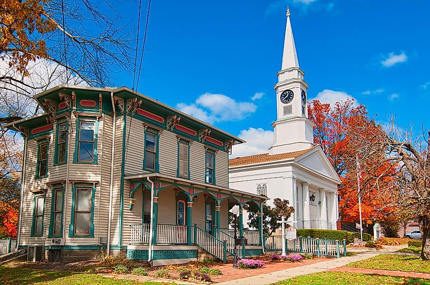 The Twinsburg Chamber of Commerce and the First Congregational Church (UCC) anchor the west side of the downtown square and are beloved landmarks, via Kenneth Sponsler / Shutterstock.com