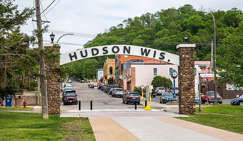 Sign and downtown street in Hudson, Wisconsin.