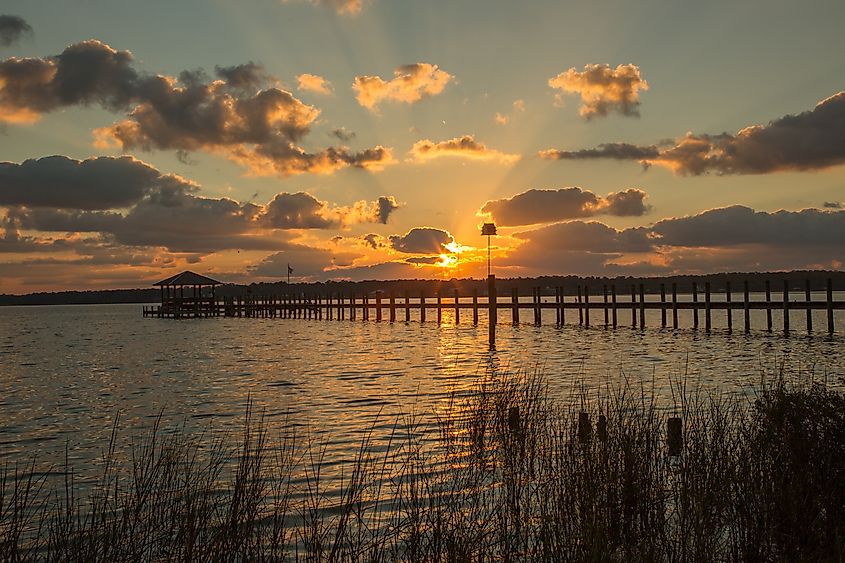 Sunset over the Mobile Bay in Fairhope, Alabama.
