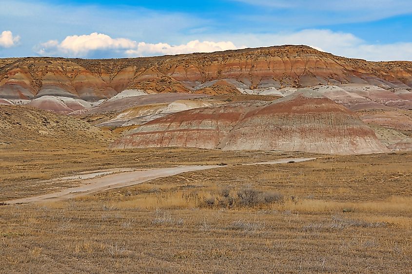 Road through the colorful Badlands of Red Gulch-Alkali National Back Country Byway of Northern Wyoming.
