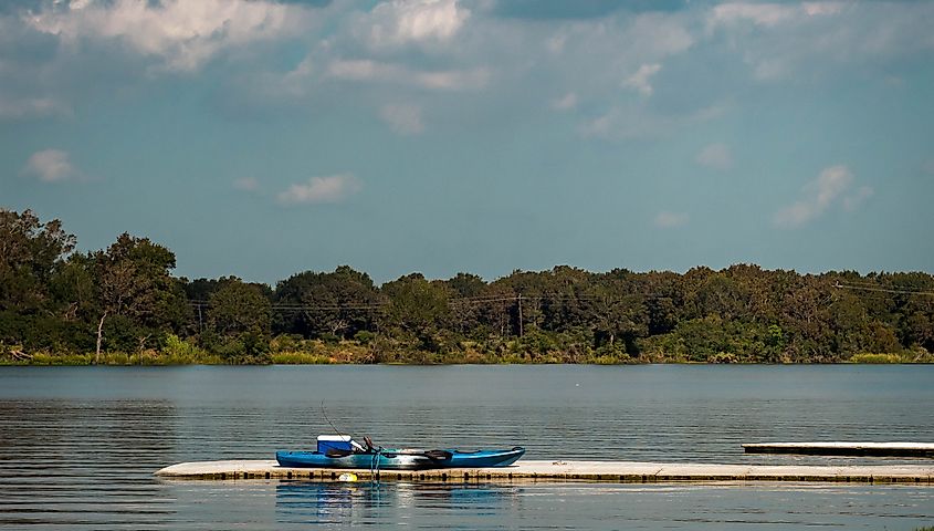 Kayak on the dock in Mud Lake in Pasadena Texas.