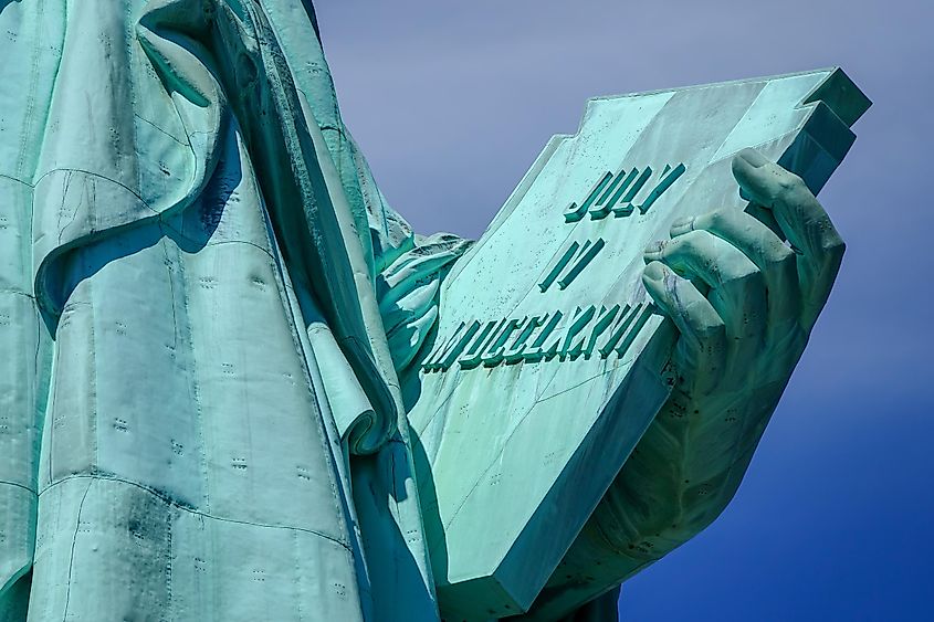 Close-Up view of the Statue of Liberty's tablet in New York