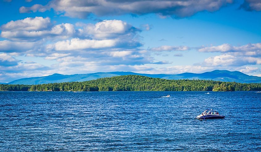 Mountain ranges and Lake Winnipesaukee in Weirs Beach, Laconia, New Hampshire.