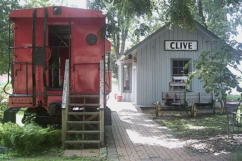 Restored train depot in Clive, Iowa.
