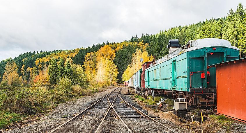 Elbe, Washington: Colorful train and railroad in autumn near Mount Rainier National Park.