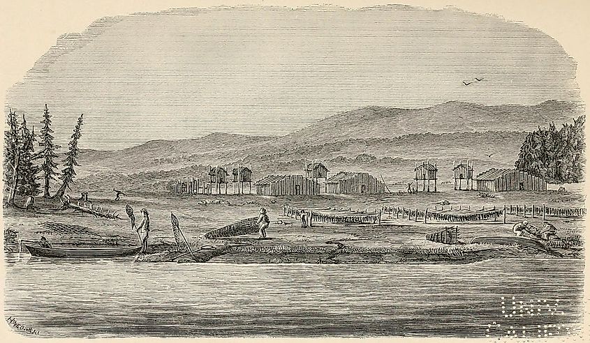 Indian village on the lower Yukon during fishing season, 1868 as drawn by William Healey Dall