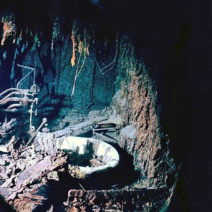 The corroded remains of a bathroom inside the Titanic wreck.