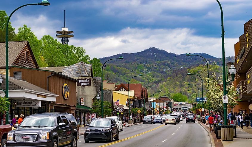 A shot of a main street in Gatlinburg, Tennessee.