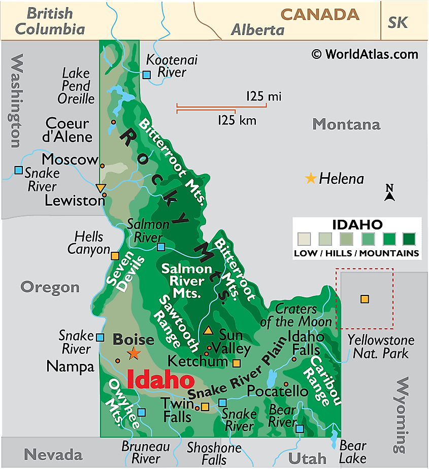 Physical map of Idaho showing the Snake River, the Sawtooth Range, and the panhandle.