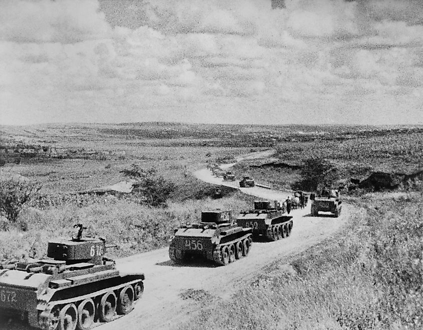 Convoy of Soviet (Russian) tanks in Romania during the annexation of Bessarabia, Romania, in 1940.