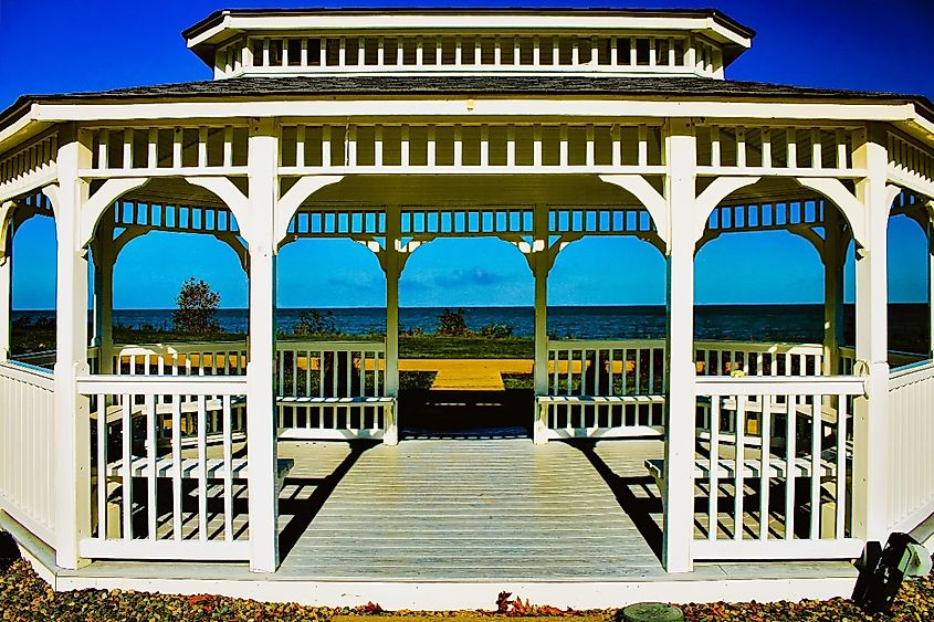 A gazebo behind the Geneva Lodge, overlooking Lake Erie in Geneva-On-The-Lake, Ohio