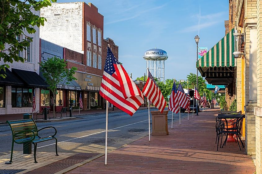 Downtown Farmville, North Carolina with American flags lining the street.