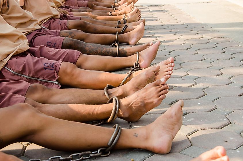 Prisoners are bound with chains to prevent escape, Thailand.