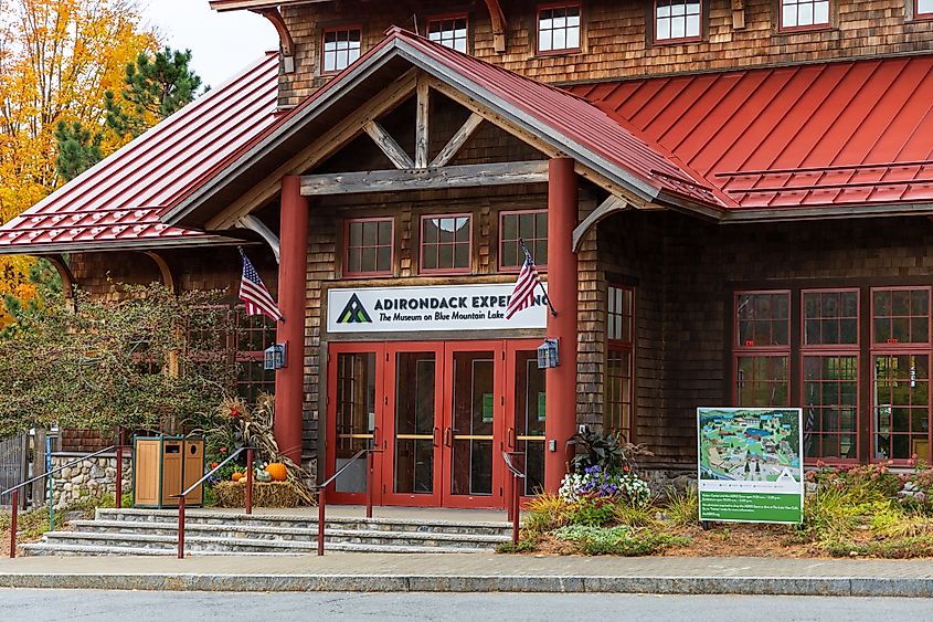 The entrance to the Adirondack Experience Museum on Blue Mountain Lake. Editorial credit: Frame Craft 8 / Shutterstock.com