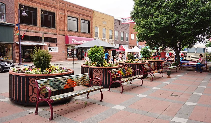 The main street in the historic downtown of Ames, Iowa