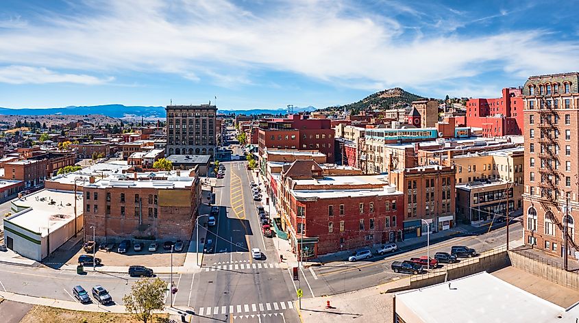 Aerial panorama of Butte, Montana along Park street.