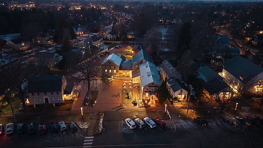Heirloom Market at Comstock Ferre in Old Wethersfield lit up in the evening