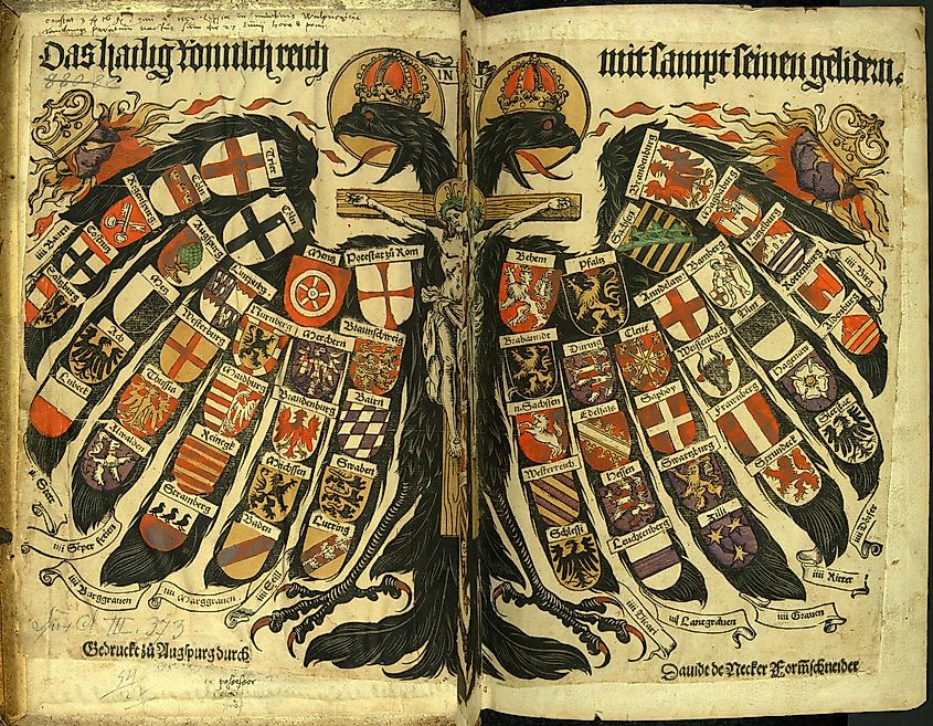The double-headed eagle with coats of arms of individual states, the symbol of the Holy Roman Empire (painting from 1510)