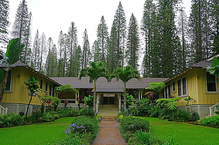 View of the Hotel Lanai, a historic hotel located in the former Dole Plantation in the center of Lanai City, HI.