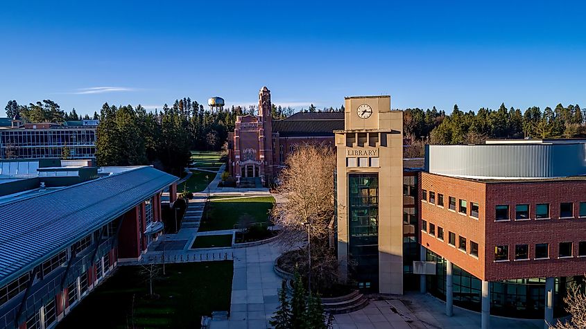 Student corridor on the U of I in Moscow campus with water tower and library, via Charles Knowles / Shutterstock.com