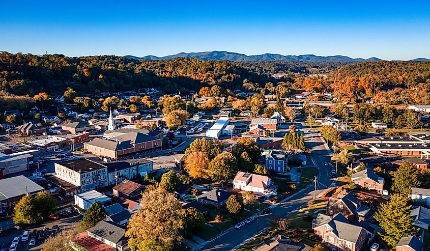 Aerial sunset during the fall in Ellijay, Georgia at the Georgia Mountains