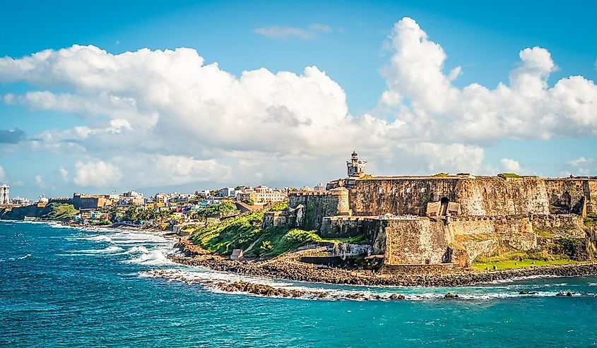 Panoramic landscape of historical castle El Morro along the coastline, San Juan, Puerto Rico