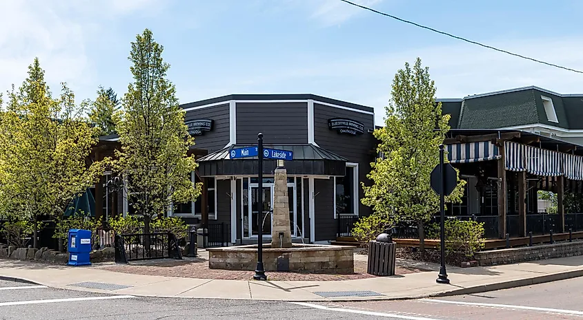 Beemus Point, New York, The Ellicottville Brewing on Chautauqua restaurant on Lakeside Drive on a sunny spring day.