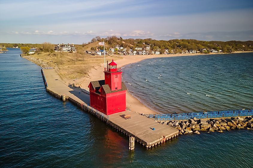 Aerial view of the Big Red Lighthouse.