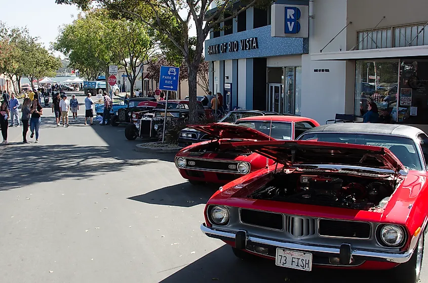 Crowds at a community car show on the streets of Rio Vista, California