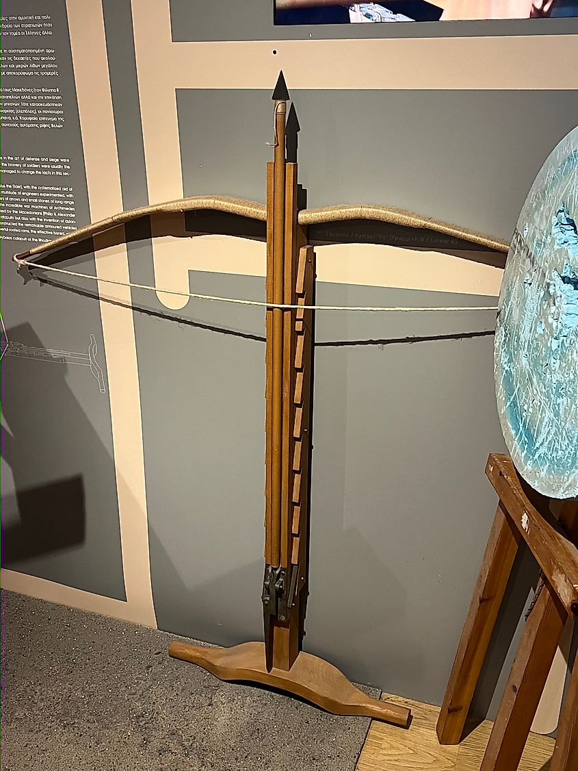 Reconstruction of a gastraphetes displayed at the Kotsanas Museum of Ancient Greek Technology in Athens