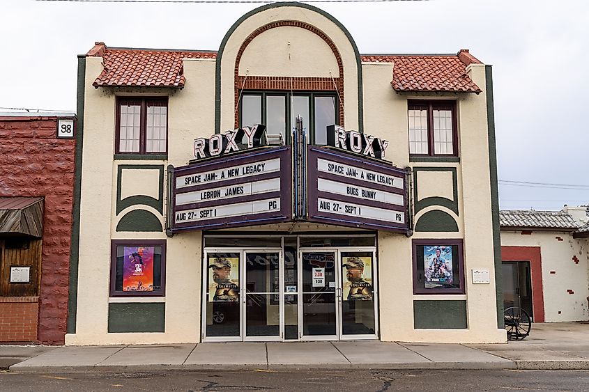 Forsyth, Montana - August 26, 2021: The classic sign of the historical Roxy cinema movie theater
