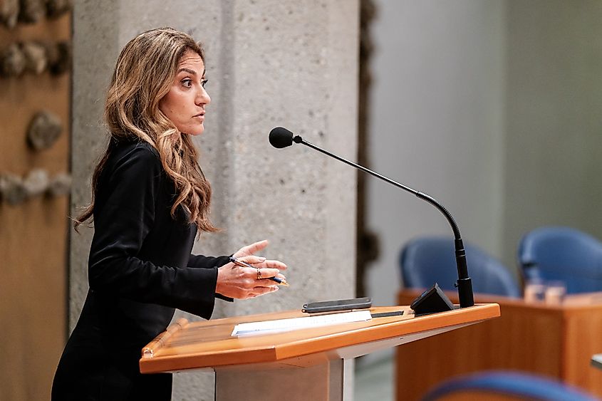 Dutch political leader Dilan Yeşilgöz-Zegerius during a parliamentary debate in The Hague, Netherlands.