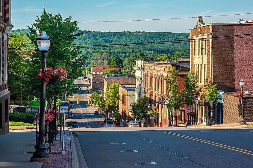 Business district Marquette Michigan on hill side main street