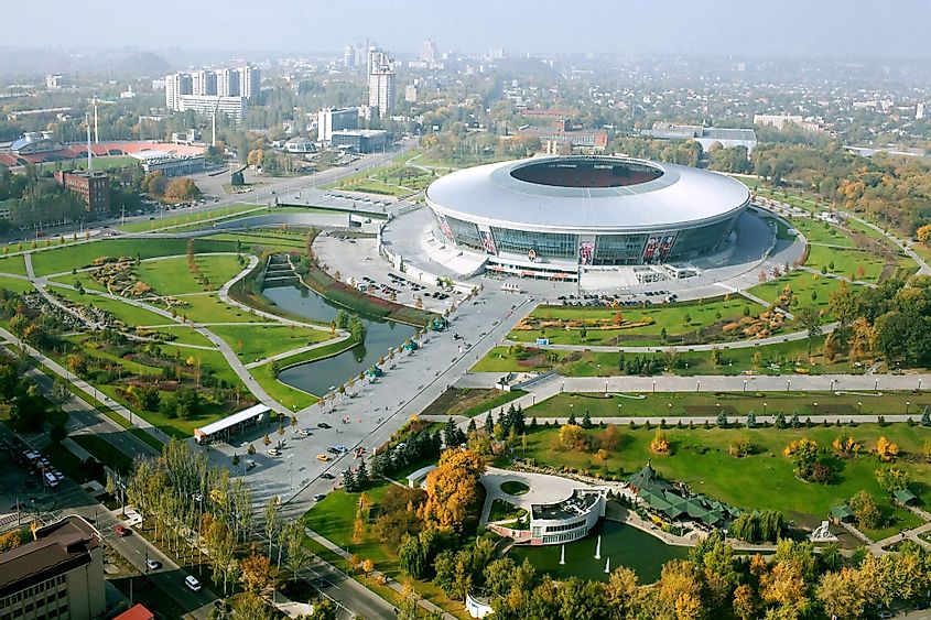 Aerial view of the Donbas Arena soccer stadium in Donetsk, Ukraine
