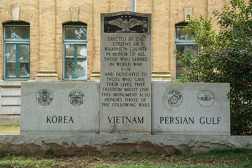 Wilkinson County War Memorial in Woodville erected in honor of all those who served in World War I and II