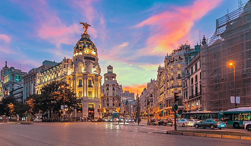 Madrid city skyline and streets at twilight, Spain