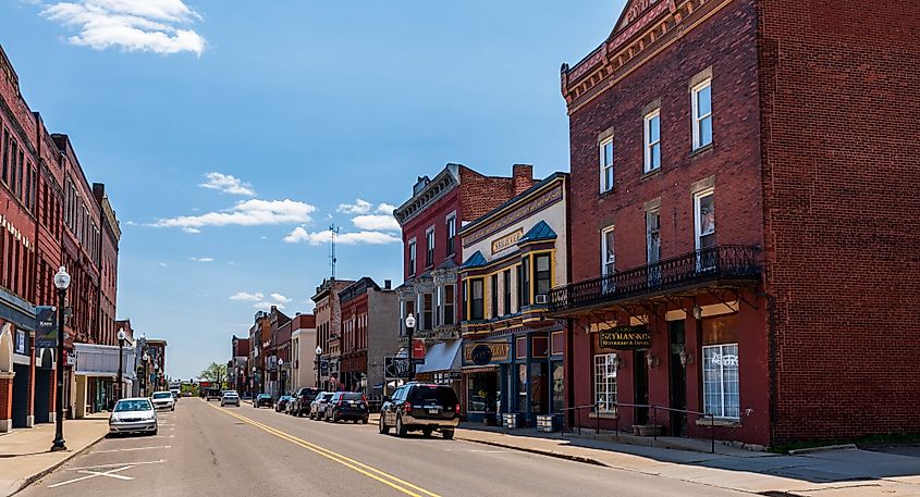 Kane, Pennsylvania: Businesses along North Fraley Street on a sunny spring day.