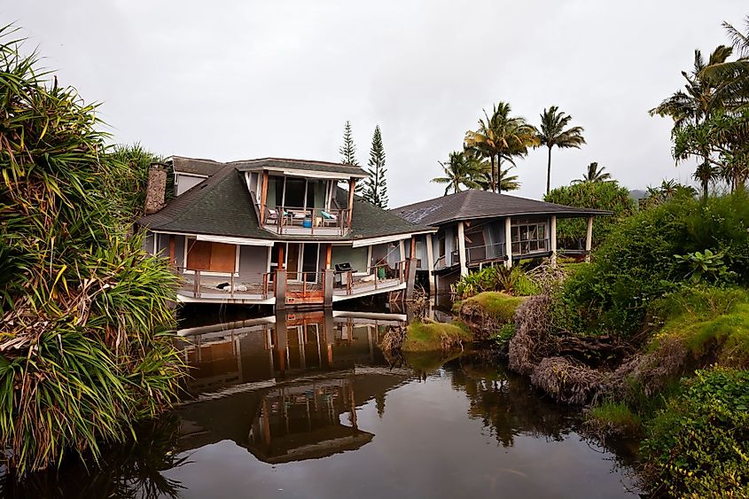 Flash flood damaged houses in Hanalei Bay, Kauai, Hawaii