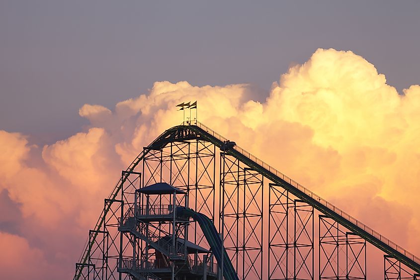 The Wild Thing roller coaster and waterpark slides at Valley Fair theme park.