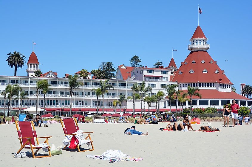 people on the beach at the Victorian Hotel del Coronado in San Diego, USA