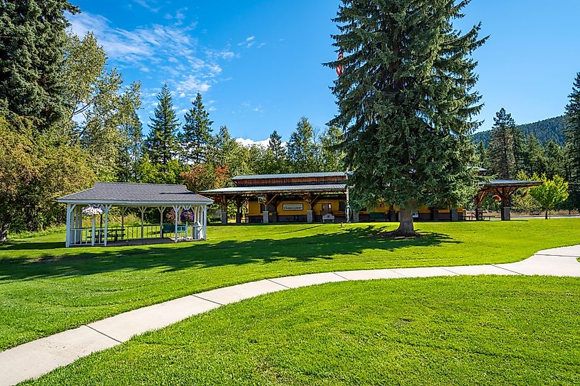 Metaline Falls, Washington, USA - September 4 2021: The Metaline Falls Visitor Center with a gazebo and park in the small border town of Metaline Falls, Washington.