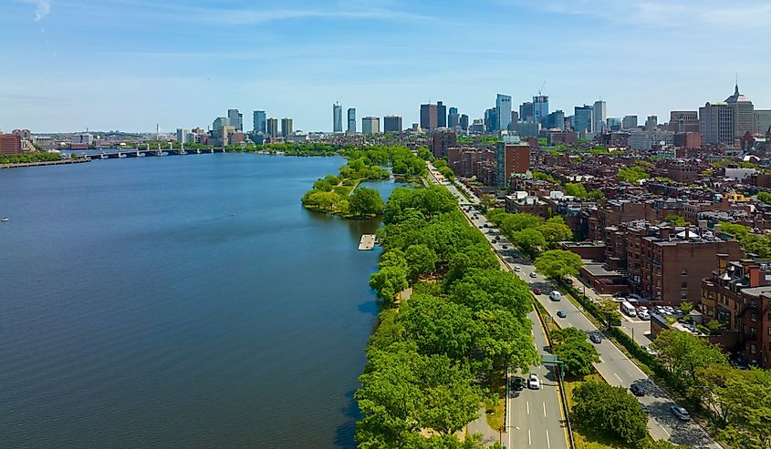 Boston financial district modern city skyline aerial view with Charles River