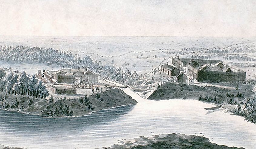 View of the two Company Forts on the level prairie at Pembina on the Red River, and surprise by the savages at nightfall of May 25, 1822.