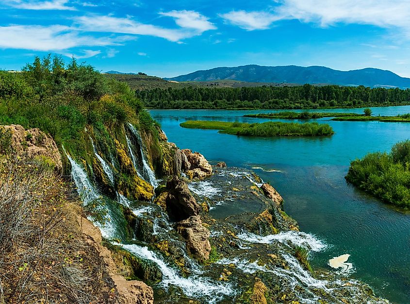 Beautiful Fall Creek Falls cascade into the Snake River near Swan Valley, Idaho