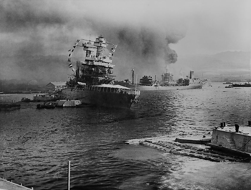 USS California lists after aerial blows taken during the Japanese attack on Pearl Harbor on December 7, 1941.