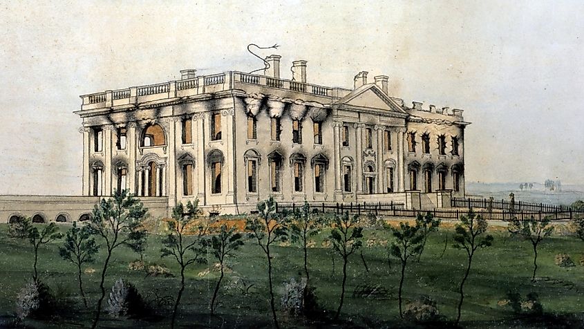 The White House ruins after the fire of August 24, 1814, depicted in a watercolor painting by George Munger