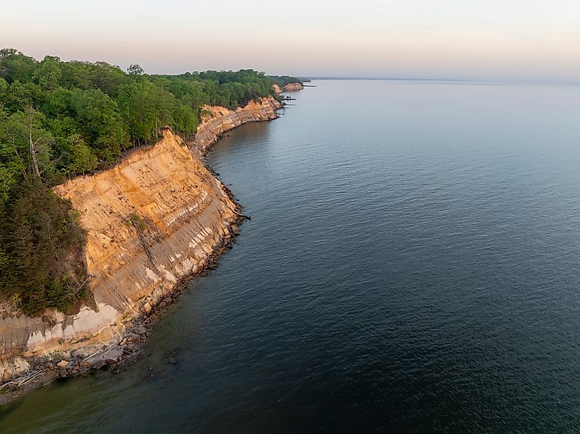 Aerial view of Calvert Cliffs at sunrise Maryland. 